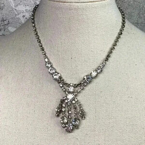 Rhinestone Bling Necklace with Rhinestone Dangle Drops Pendant Vintage 1950’s